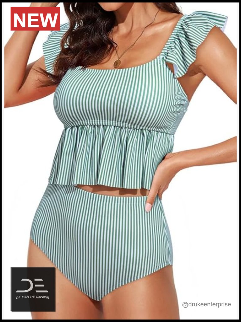 2 Piece Tankini Swimsuit Square Neck Cap Sleeve Striped Swim Suit